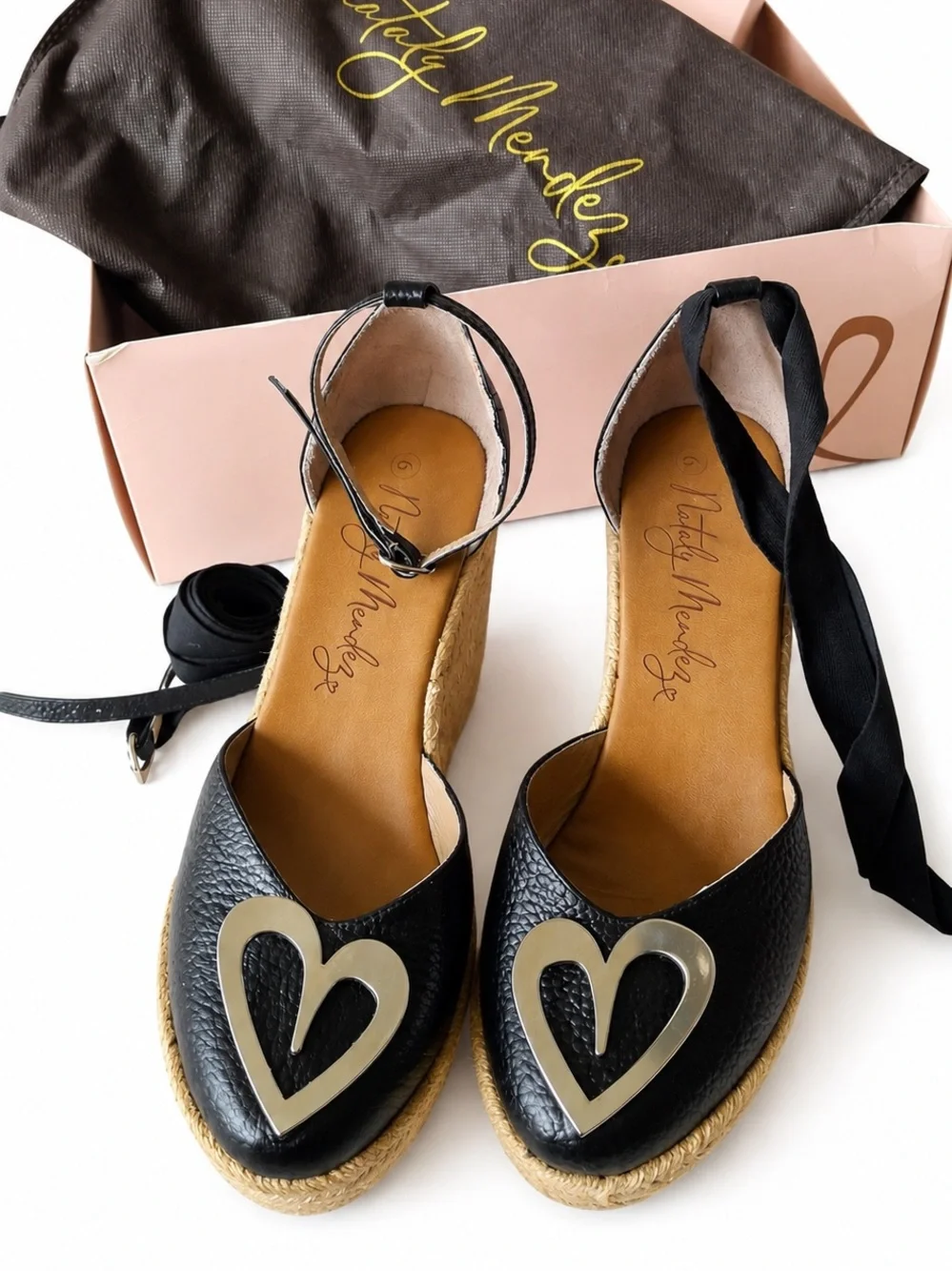 Black Heart-Accent Espadrille Wedges with Ankle Tie